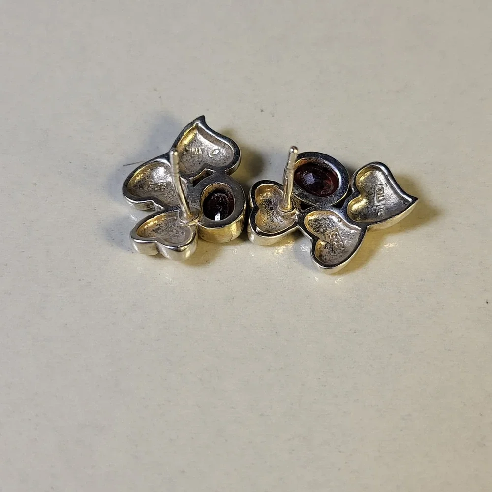 Vintage JTV Sterling Silver Garnet Heart Stud Earrings Small Red Multi Texture